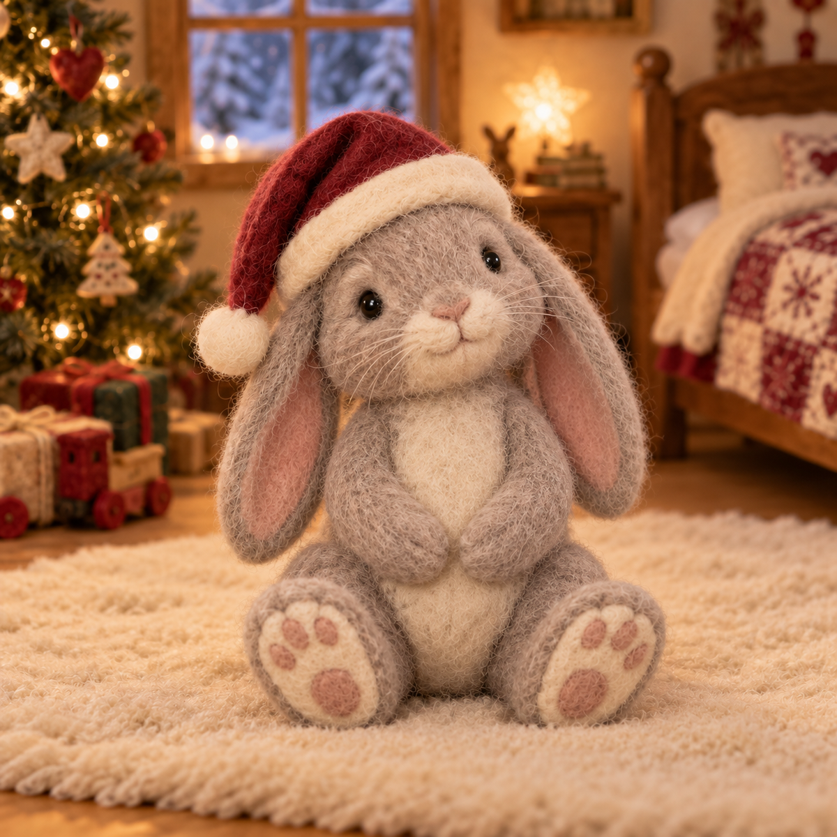 Pip in Christmas Bunny Moments, handmade needle-felted Christmas decor