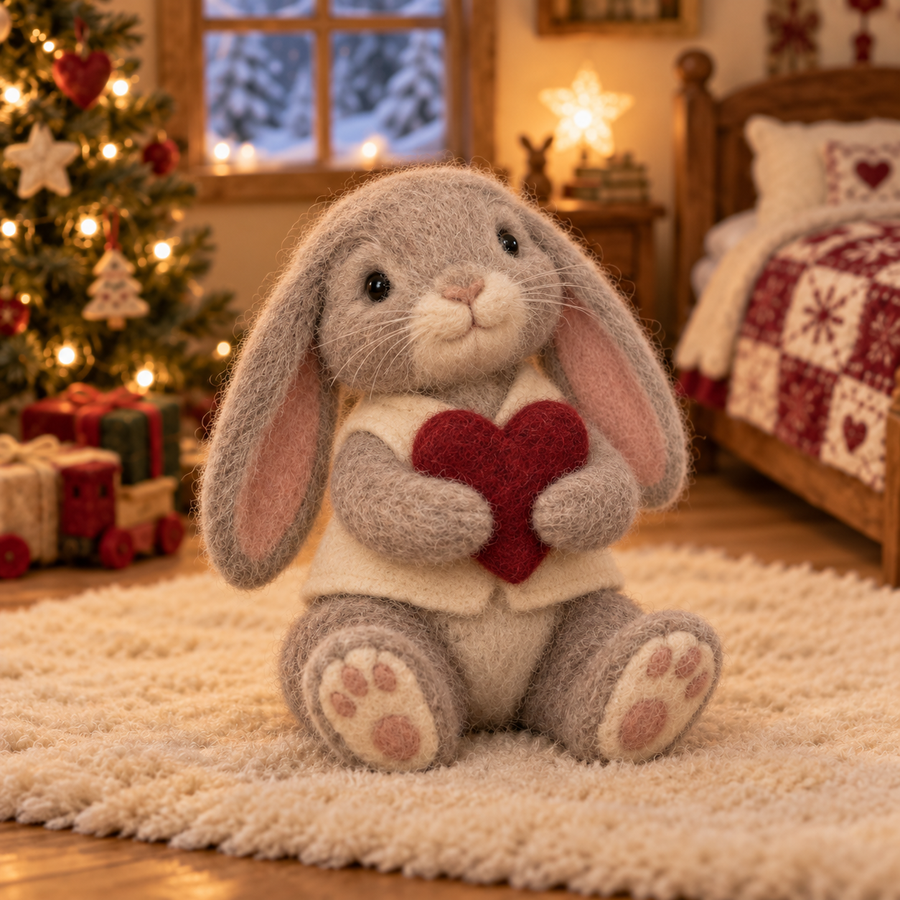 Noel in Christmas Bunny Moments, handmade needle-felted Christmas decor