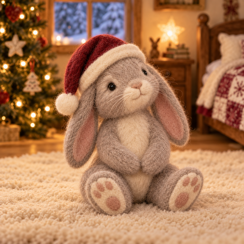 Juniper in Christmas Bunny Moments, handmade needle-felted Christmas decor