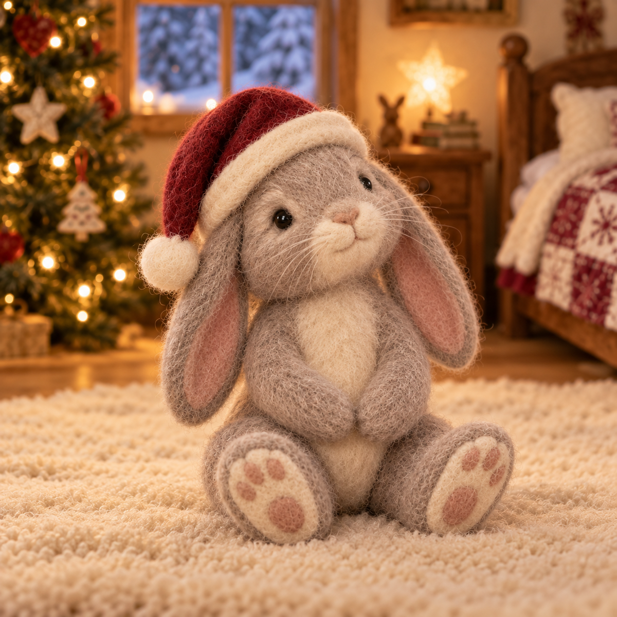 Juniper in Christmas Bunny Moments, handmade needle-felted Christmas decor
