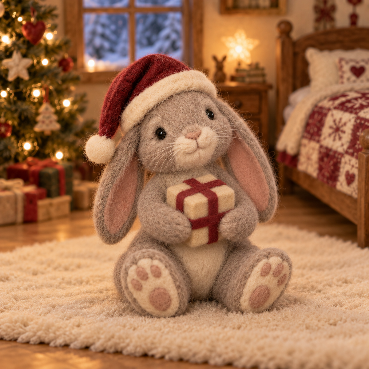 Tinsel in Christmas Bunny Moments, handmade needle-felted Christmas decor