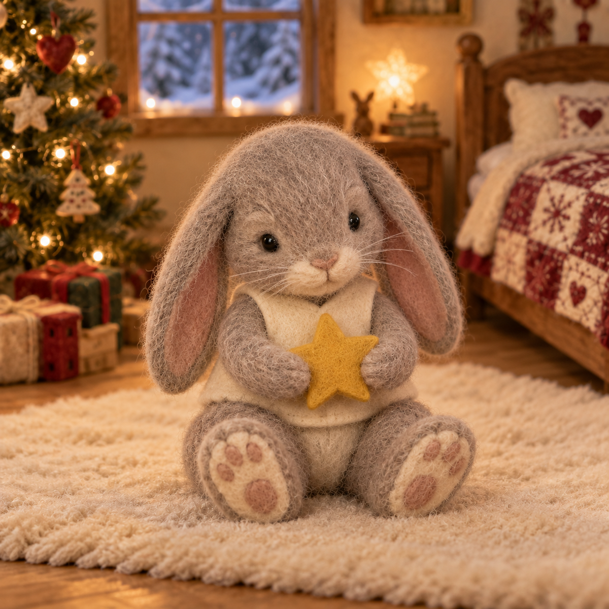 Clover in Christmas Bunny Moments, handmade needle-felted Christmas decor