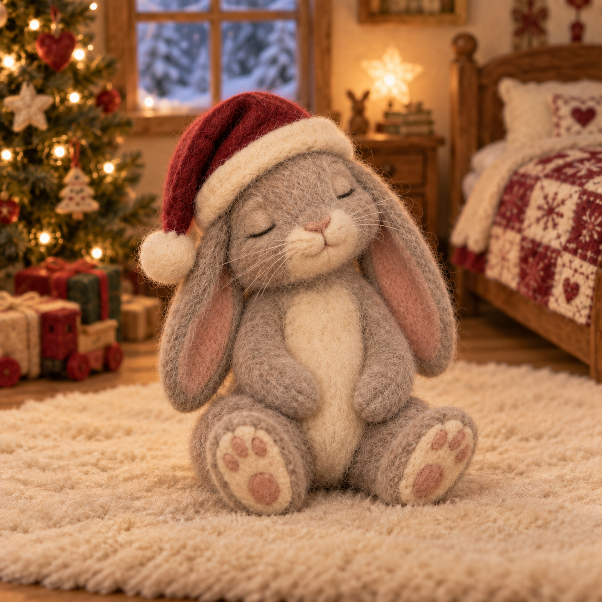Robin in Christmas Bunny Moments, handmade needle-felted Christmas decor
