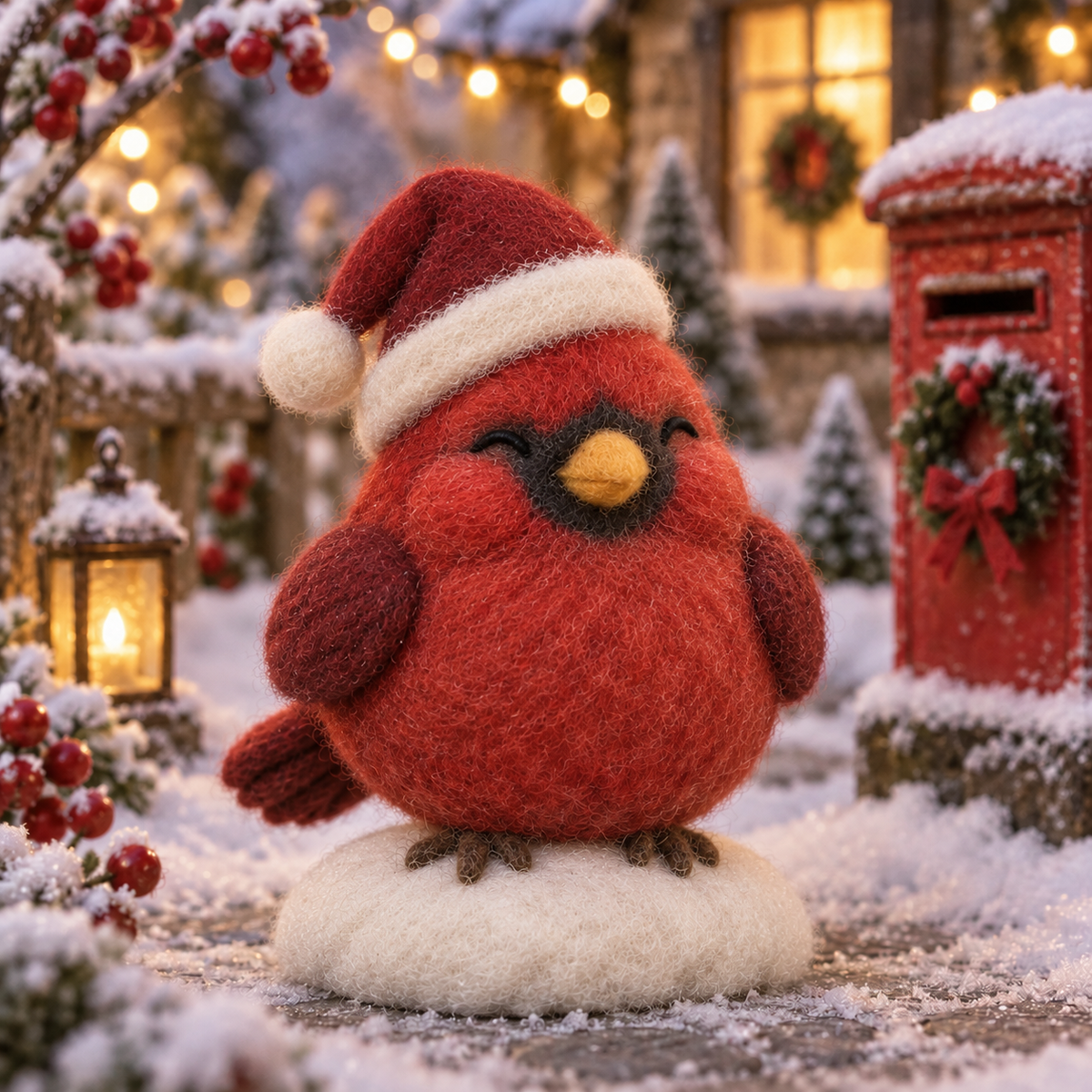Holly, Chubby Santa Bird in Christmas Cardinal Friends, handmade needle-felted Christmas decor