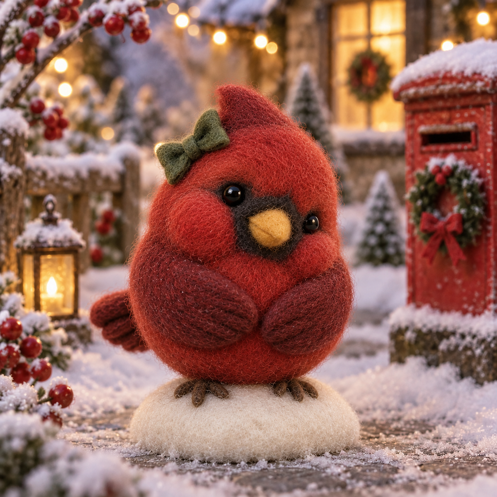 Noel, Shy Bow Bird in Christmas Cardinal Friends, handmade needle-felted Christmas decor