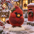 Noel, Shy Bow Bird in Christmas Cardinal Friends, handmade needle-felted Christmas decor