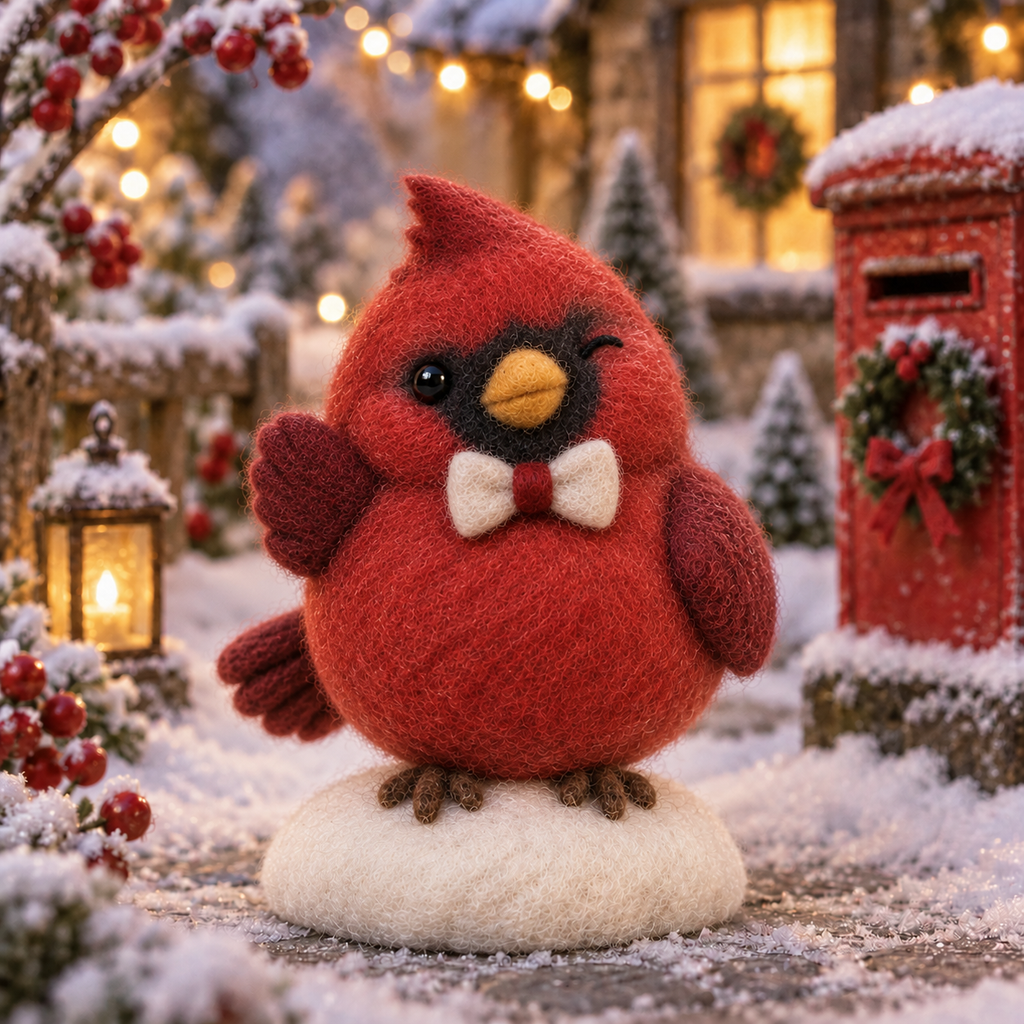 Juniper, Winking Bird in Christmas Cardinal Friends, handmade needle-felted Christmas decor