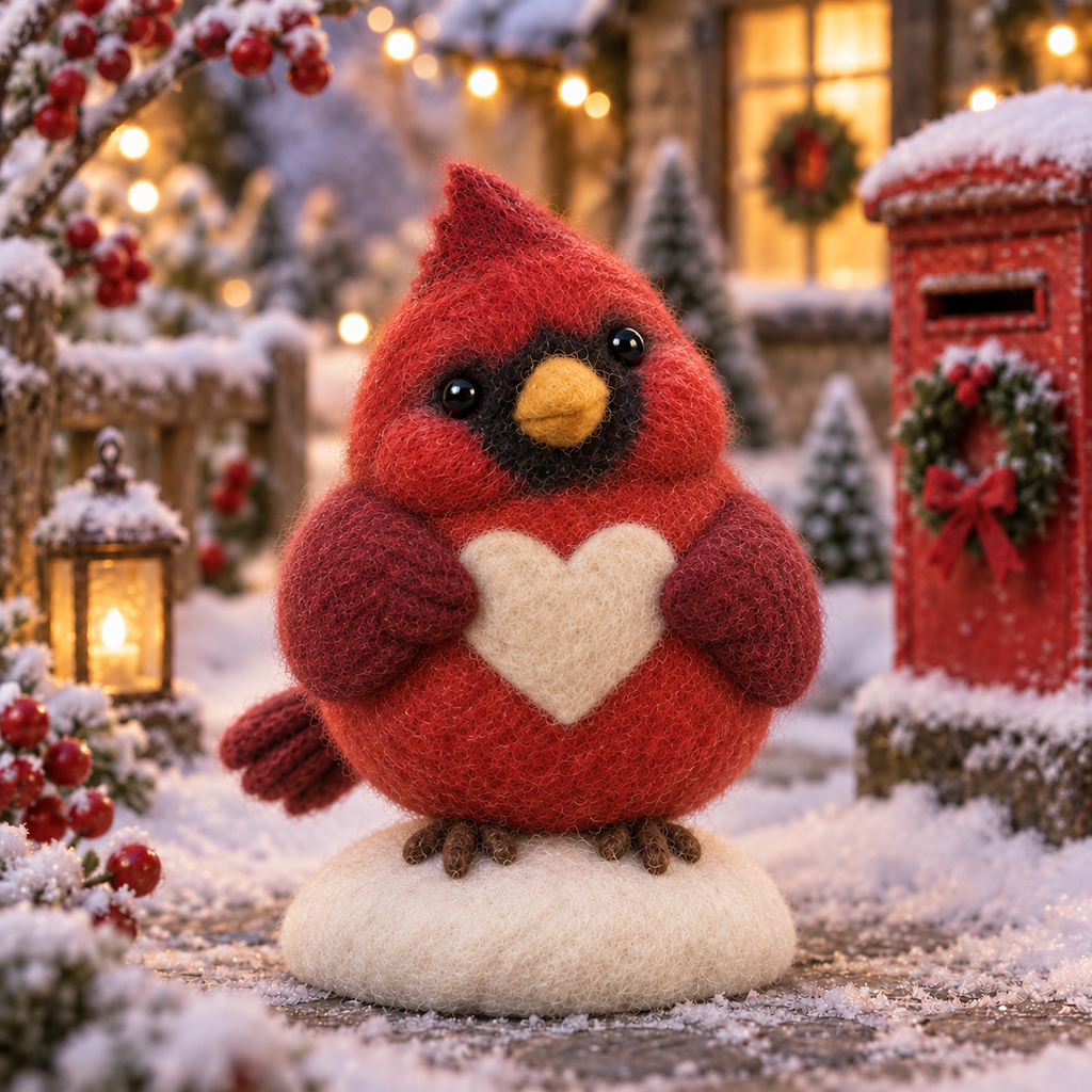 Clover, Loving Bird in Christmas Cardinal Friends, handmade needle-felted Christmas decor