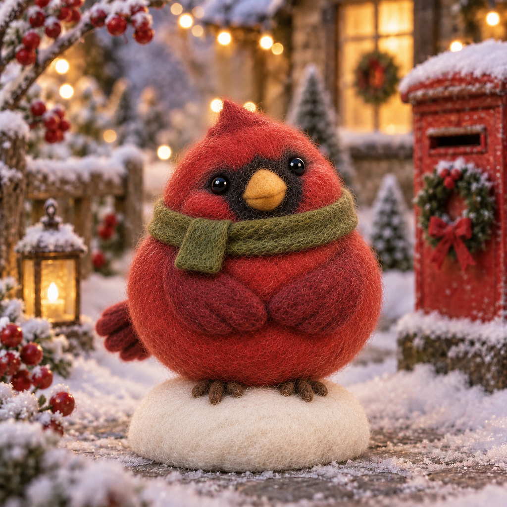 Ginger, Bundled Bird in Christmas Cardinal Friends, handmade needle-felted Christmas decor