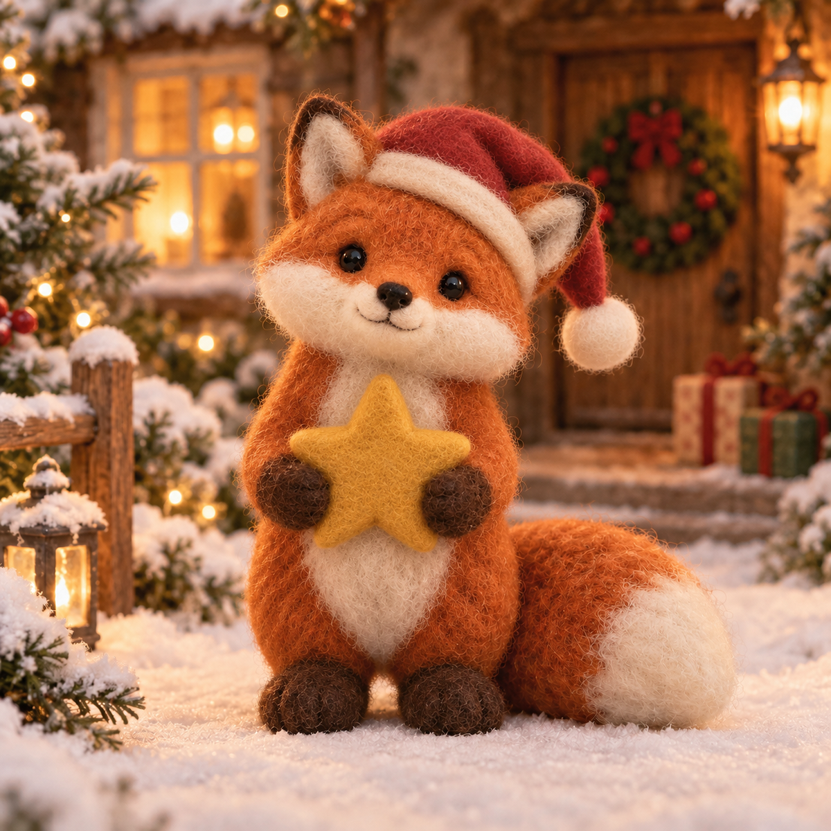 Holly in Christmas Fox Moments, handmade needle-felted Christmas decor