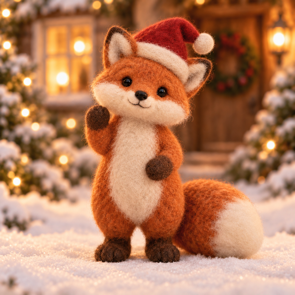 Juniper in Christmas Fox Moments, handmade needle-felted Christmas decor