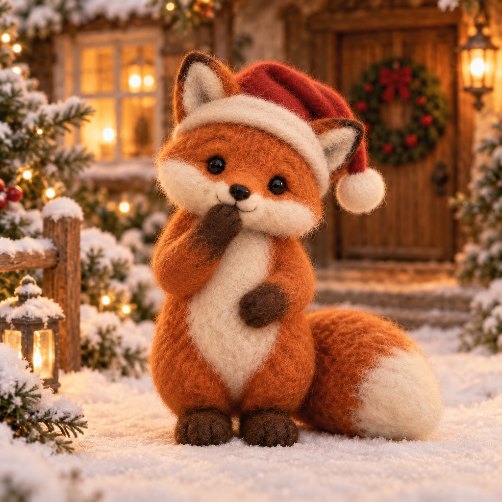 Merry in Christmas Fox Moments, handmade needle-felted Christmas decor