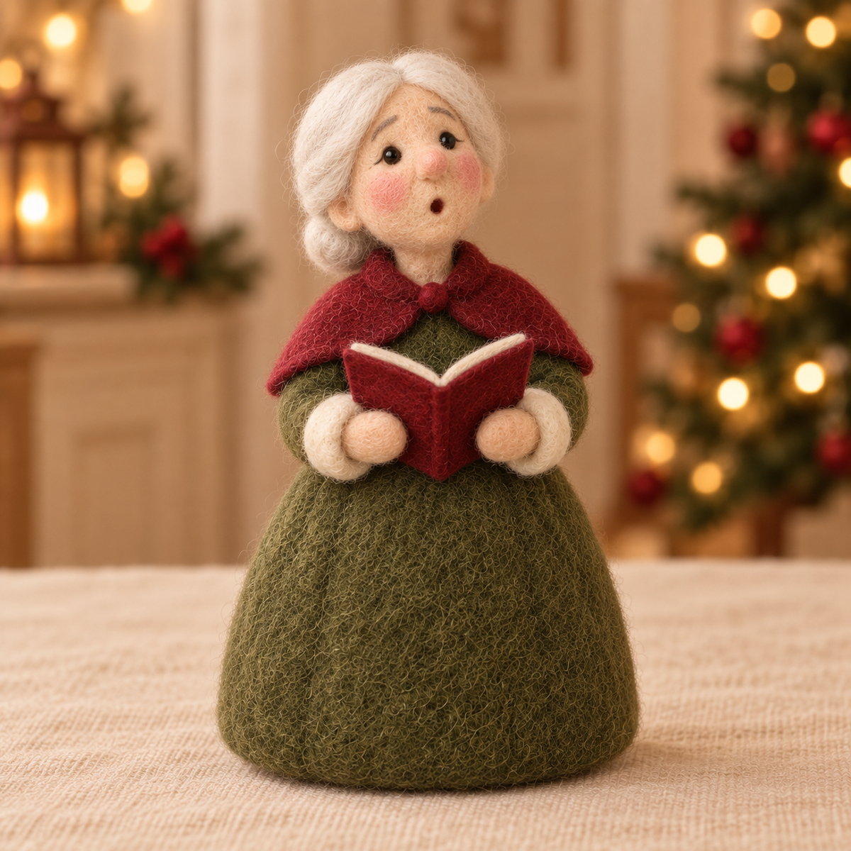 Holly in Christmas Grandmother Friends, handmade needle-felted Christmas decor