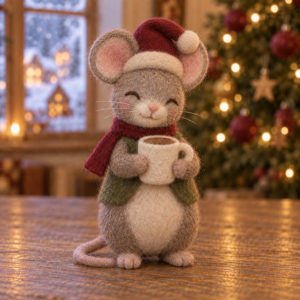 Holly, Cocoa in Christmas Hearth Mice, handmade needle-felted Christmas decor