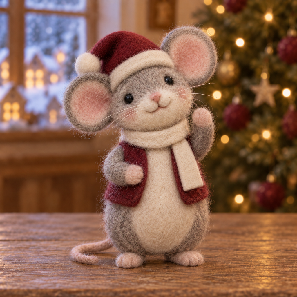Noel, Wave in Christmas Hearth Mice, handmade needle-felted Christmas decor