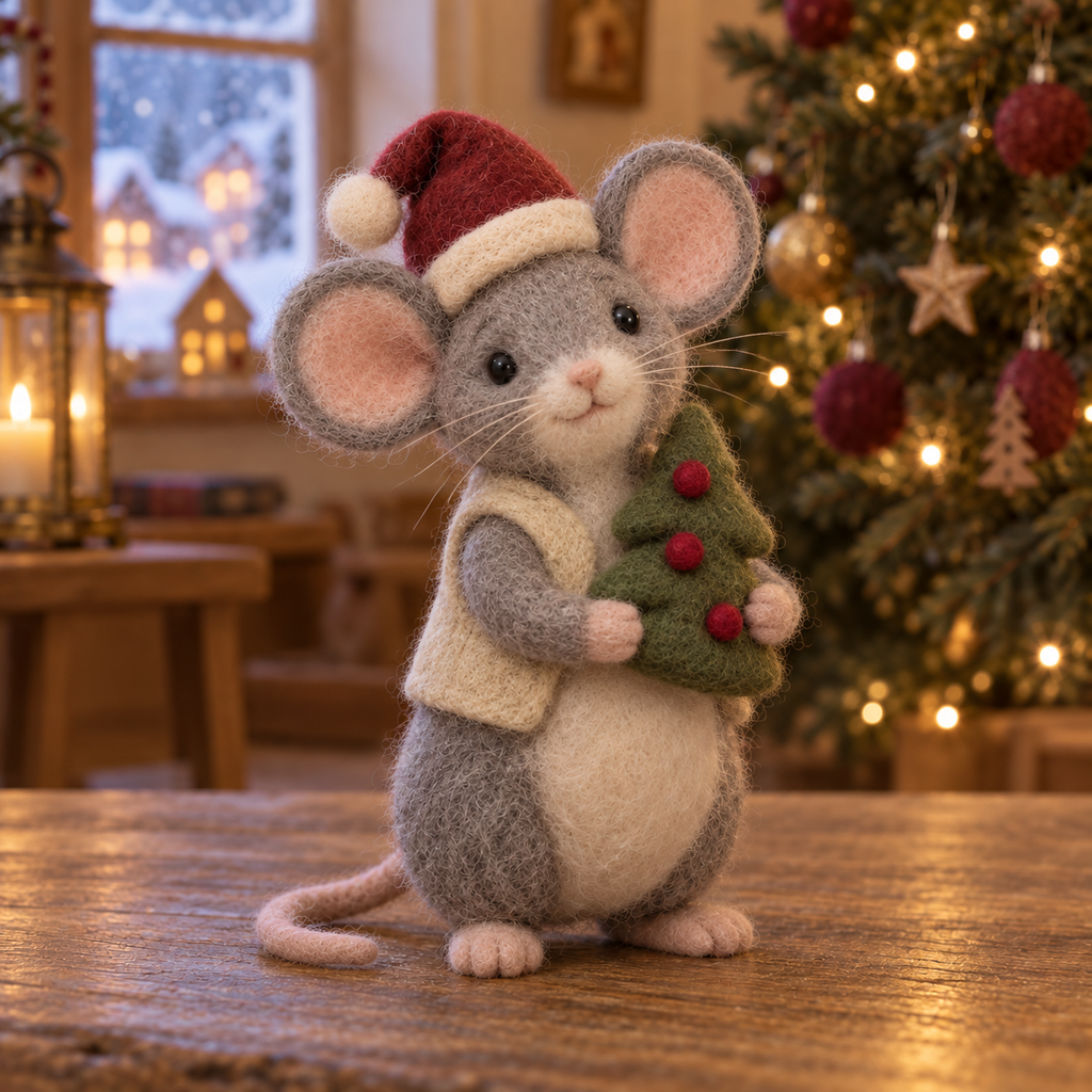 Merry, Tree in Christmas Hearth Mice, handmade needle-felted Christmas decor