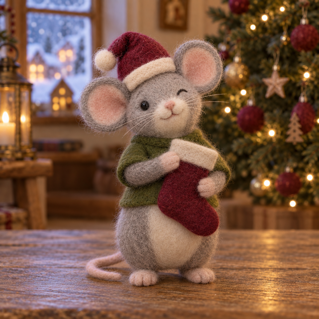 Clover, Stocking in Christmas Hearth Mice, handmade needle-felted Christmas decor
