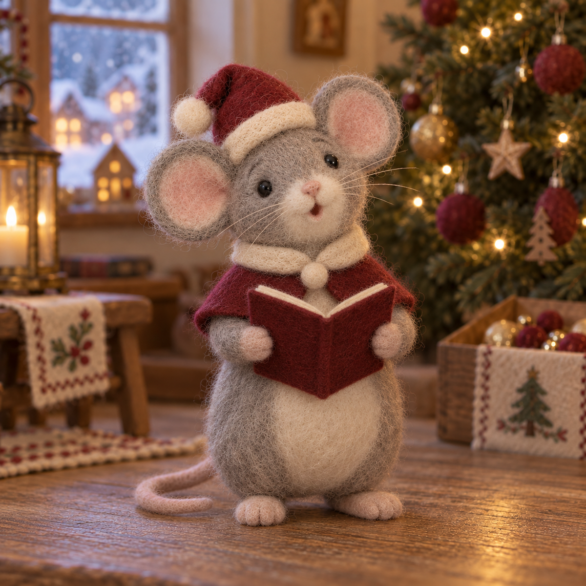 Ginger, Singing in Christmas Hearth Mice, handmade needle-felted Christmas decor