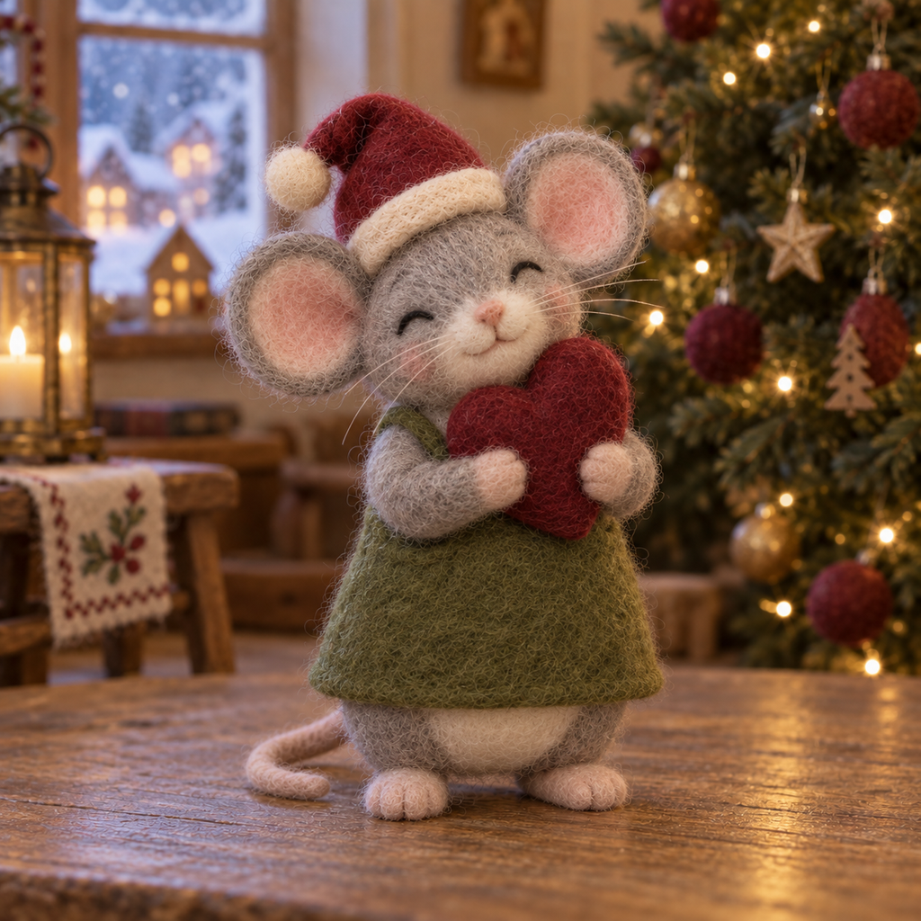 Robin, Heart in Christmas Hearth Mice, handmade needle-felted Christmas decor