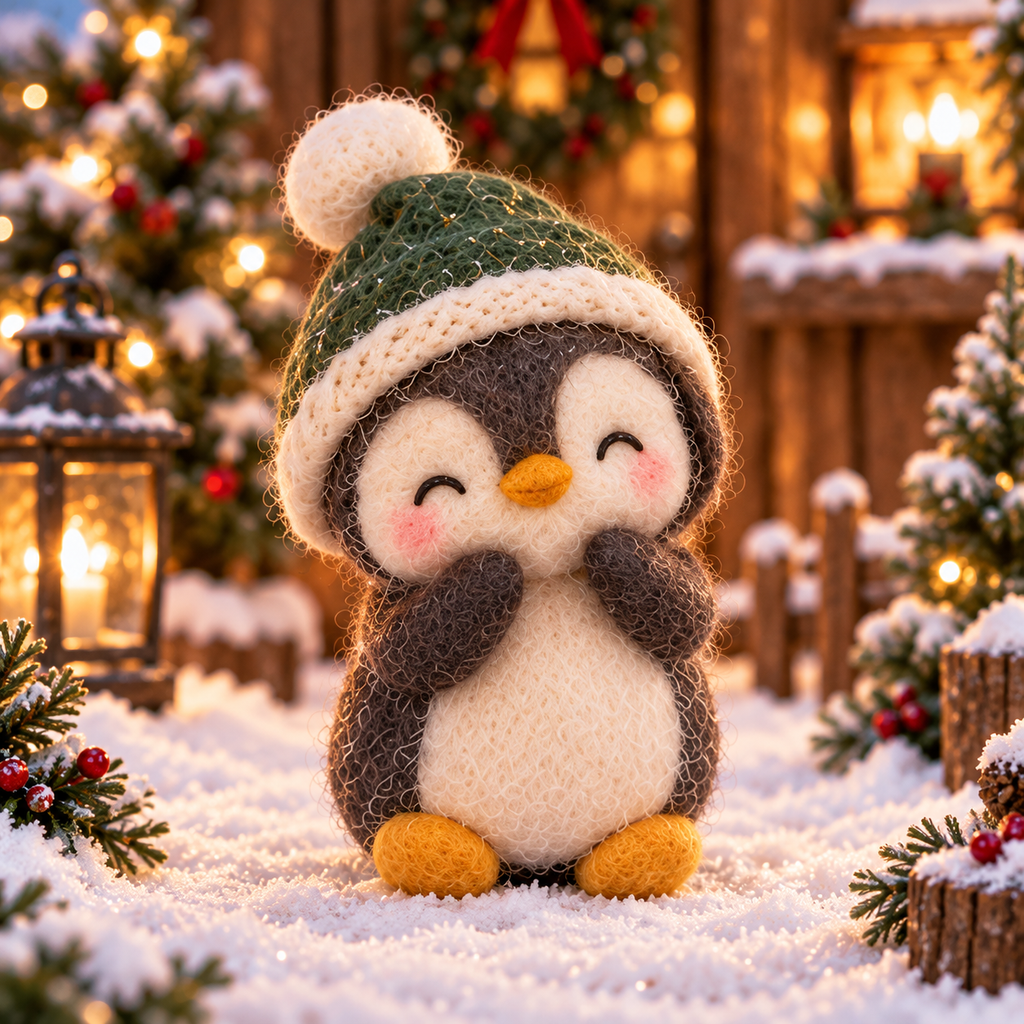 Holly in Christmas Penguin Friends, handmade needle-felted Christmas decor