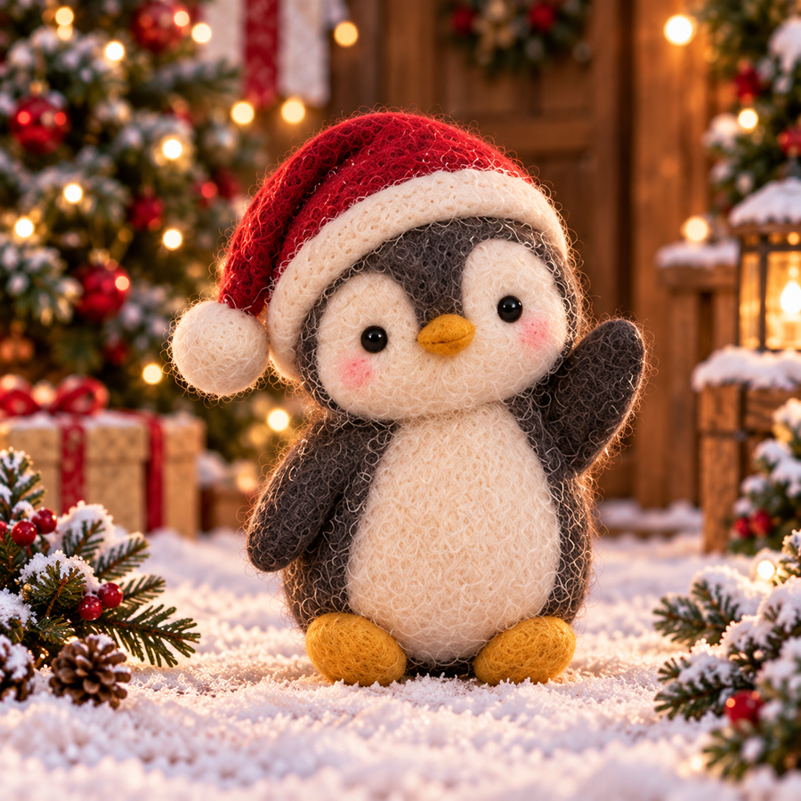 Noel in Christmas Penguin Friends, handmade needle-felted Christmas decor