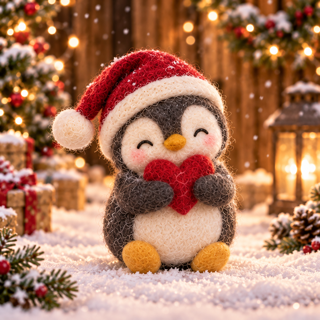 Merry in Christmas Penguin Friends, handmade needle-felted Christmas decor