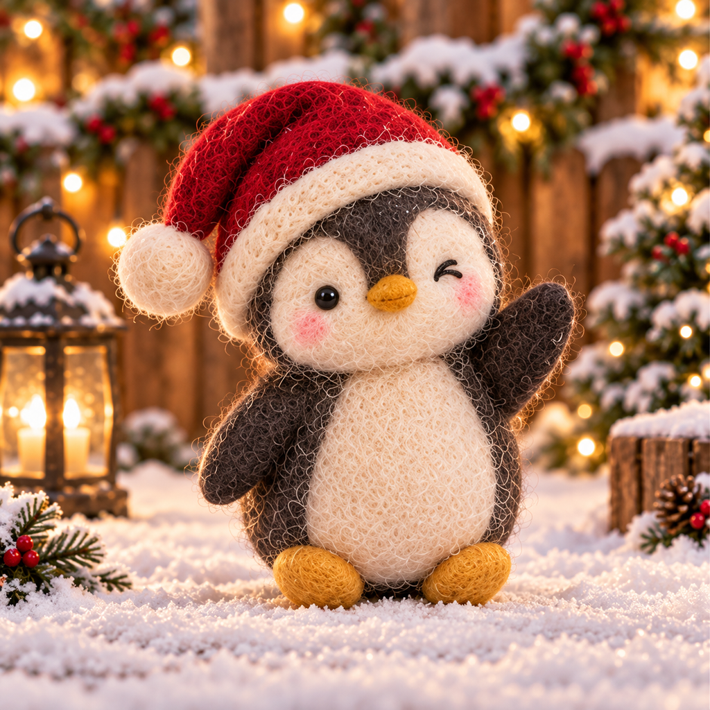 Clover in Christmas Penguin Friends, handmade needle-felted Christmas decor