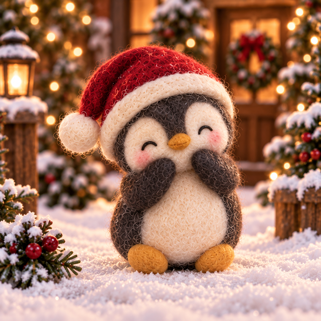 Robin in Christmas Penguin Friends, handmade needle-felted Christmas decor