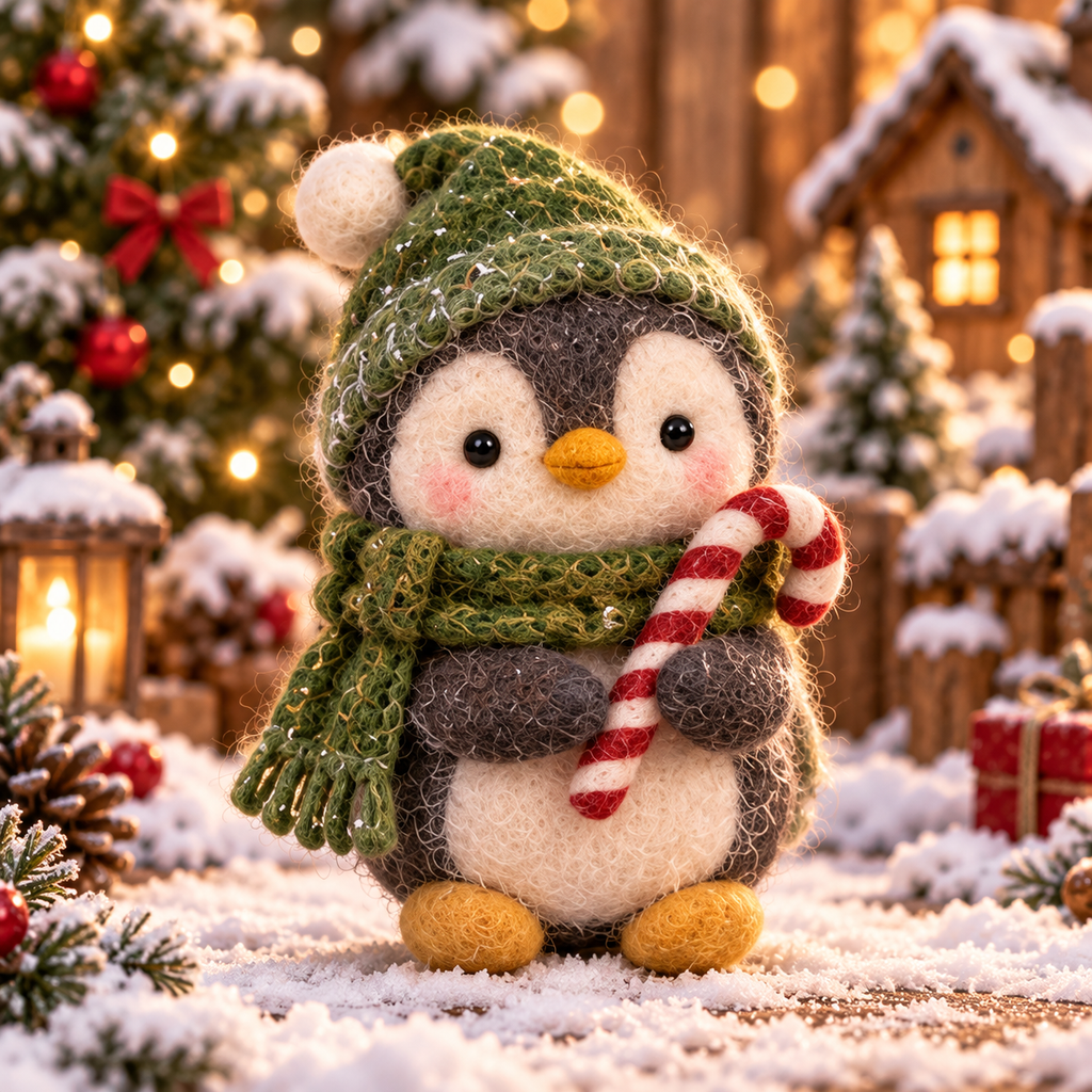 Ember in Christmas Penguin Friends, handmade needle-felted Christmas decor