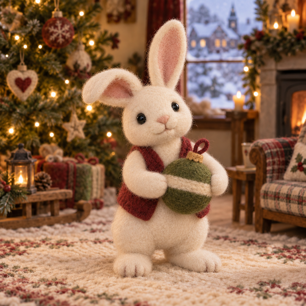 Pip in Christmas Rabbit Friends, handmade needle-felted Christmas decor