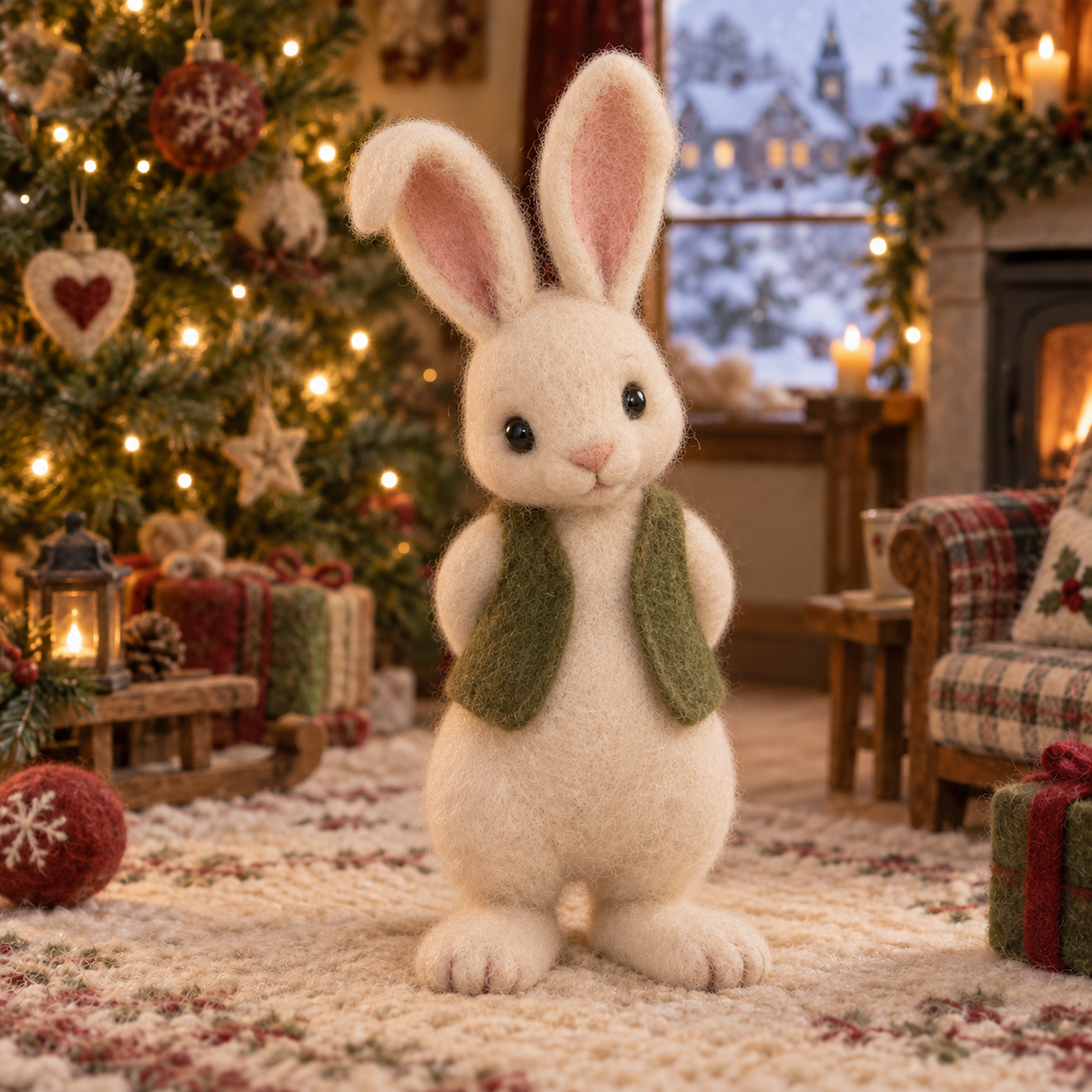 Holly in Christmas Rabbit Friends, handmade needle-felted Christmas decor