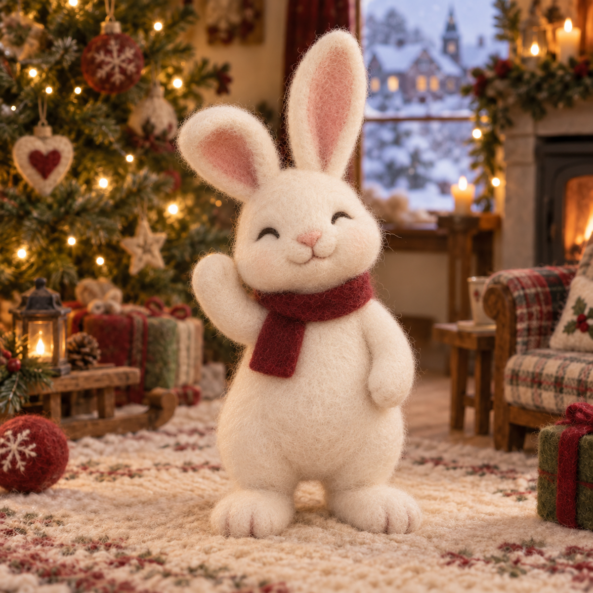 Noel in Christmas Rabbit Friends, handmade needle-felted Christmas decor