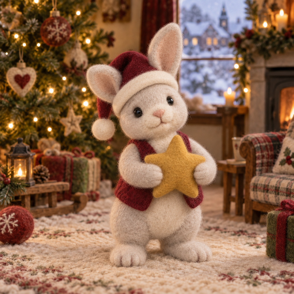 Juniper in Christmas Rabbit Friends, handmade needle-felted Christmas decor