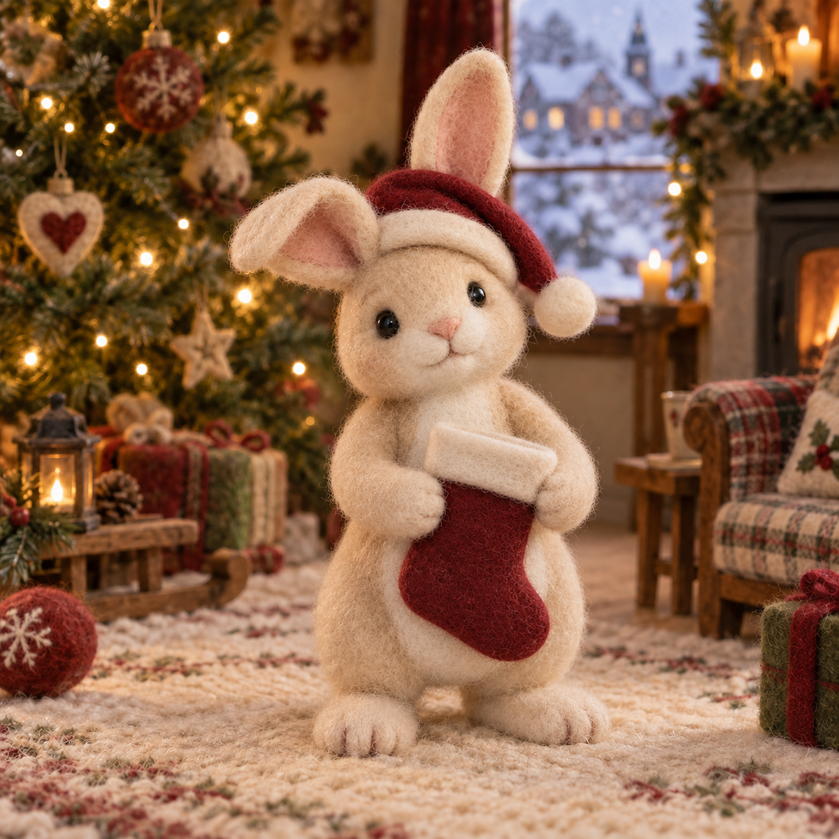 Tinsel in Christmas Rabbit Friends, handmade needle-felted Christmas decor