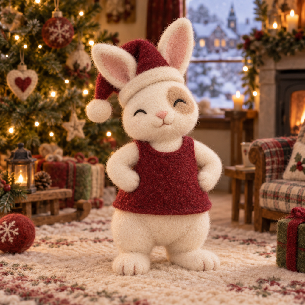 Clover in Christmas Rabbit Friends, handmade needle-felted Christmas decor