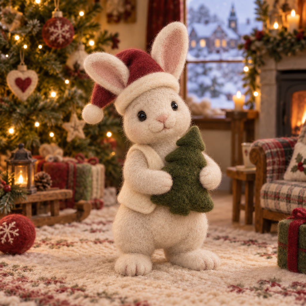 Ginger in Christmas Rabbit Friends, handmade needle-felted Christmas decor