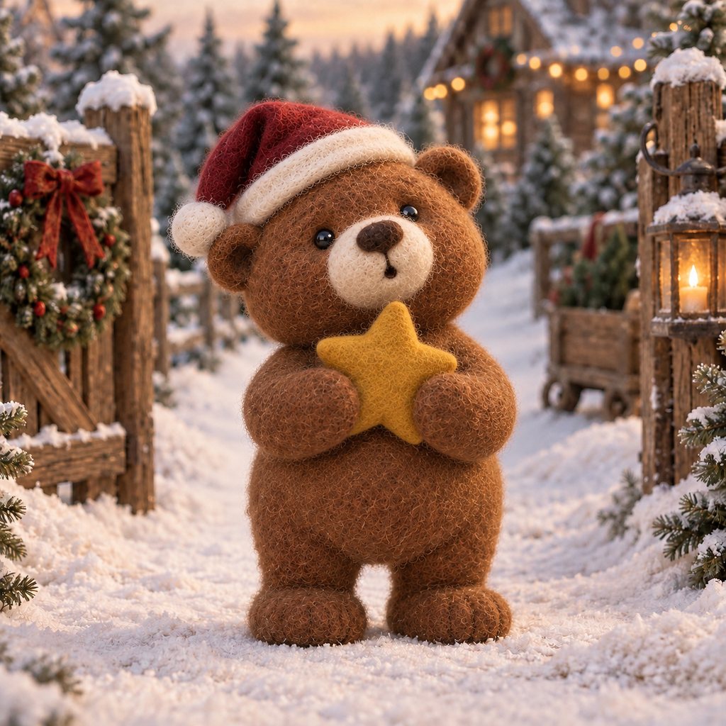 Juniper, Star in Christmas Teddy Moments, handmade needle-felted Christmas decor