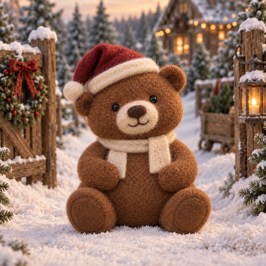 Robin, Sitting in Christmas Teddy Moments, handmade needle-felted Christmas decor