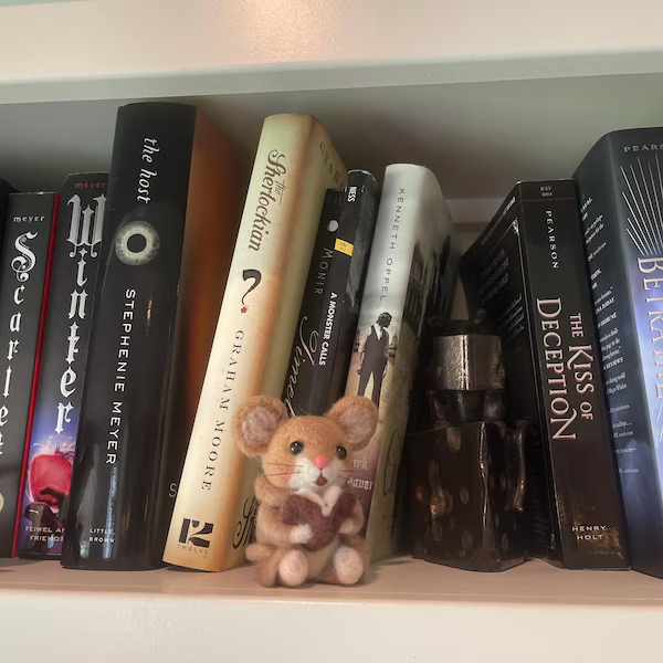 A custom handmade wool reading mouse in a miniature library